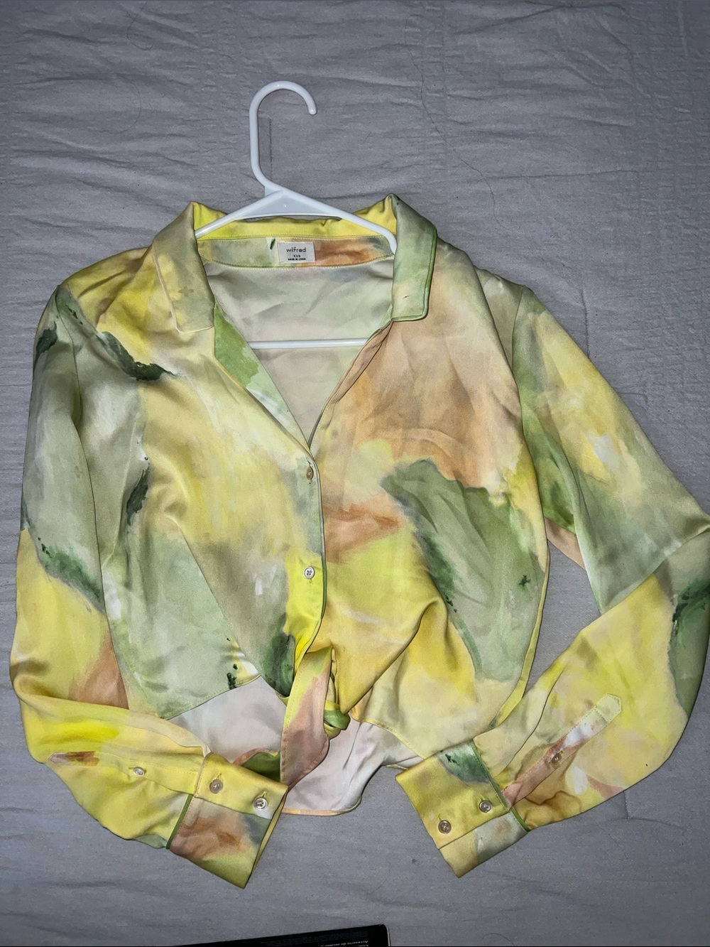 Aritzia Yellow Green Watercolor Satin Blouse